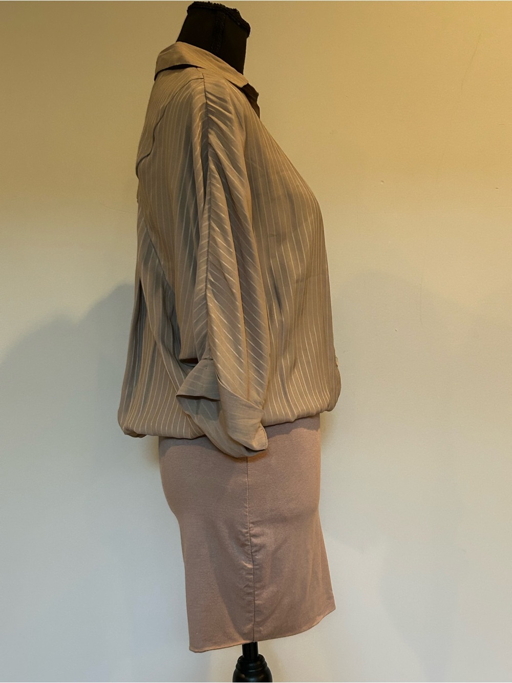 Costa Blanca Taupe Pinstripe Batwing Sleeve Mini Shirt Dress Size S - Picture 10 of 12